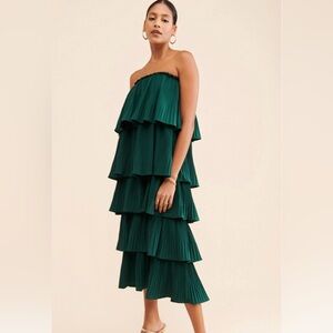 Anthropologie Mare Mare Pleated Tiered Midi Dress | Forest Green | L